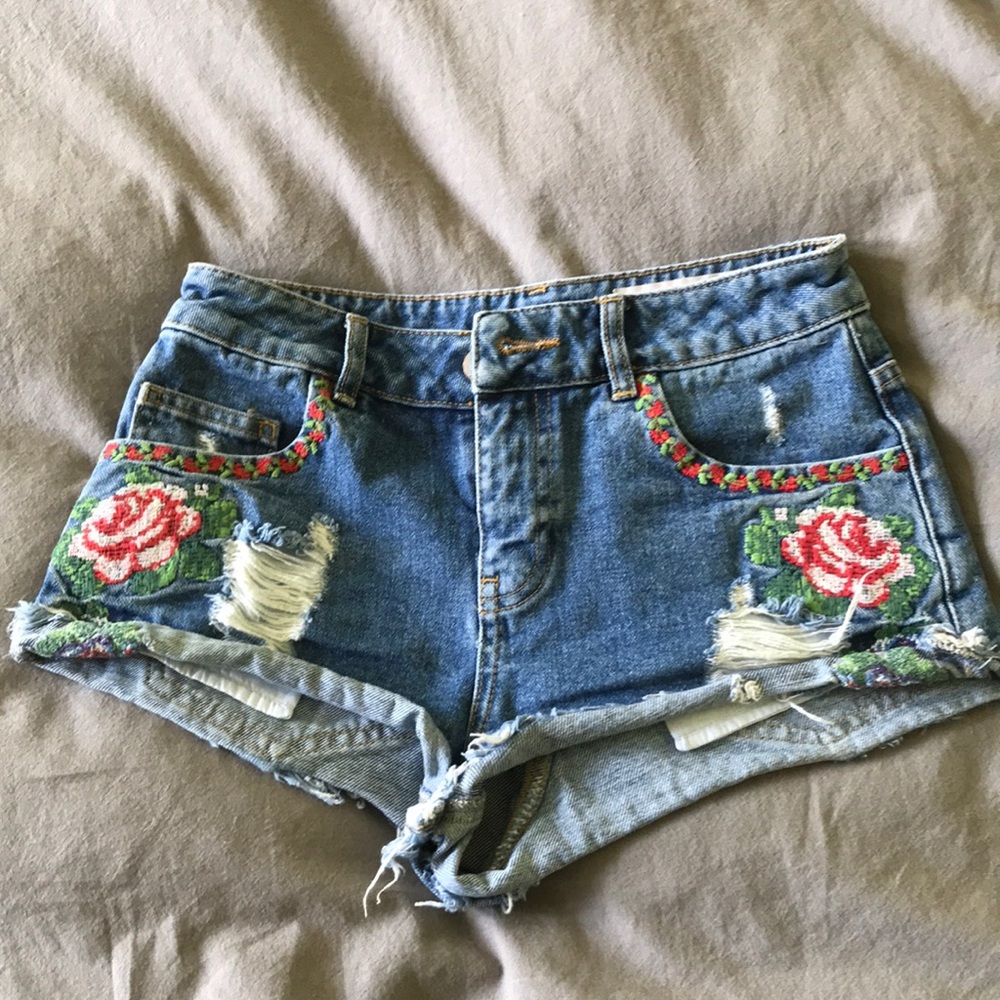 ASOS rose embroidered denim shorts